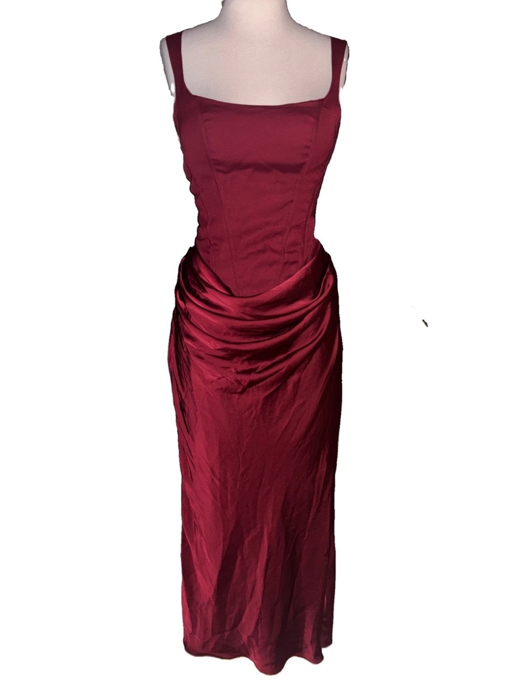Square-Neck Burgundy Maxi Dress with Draped Skirt